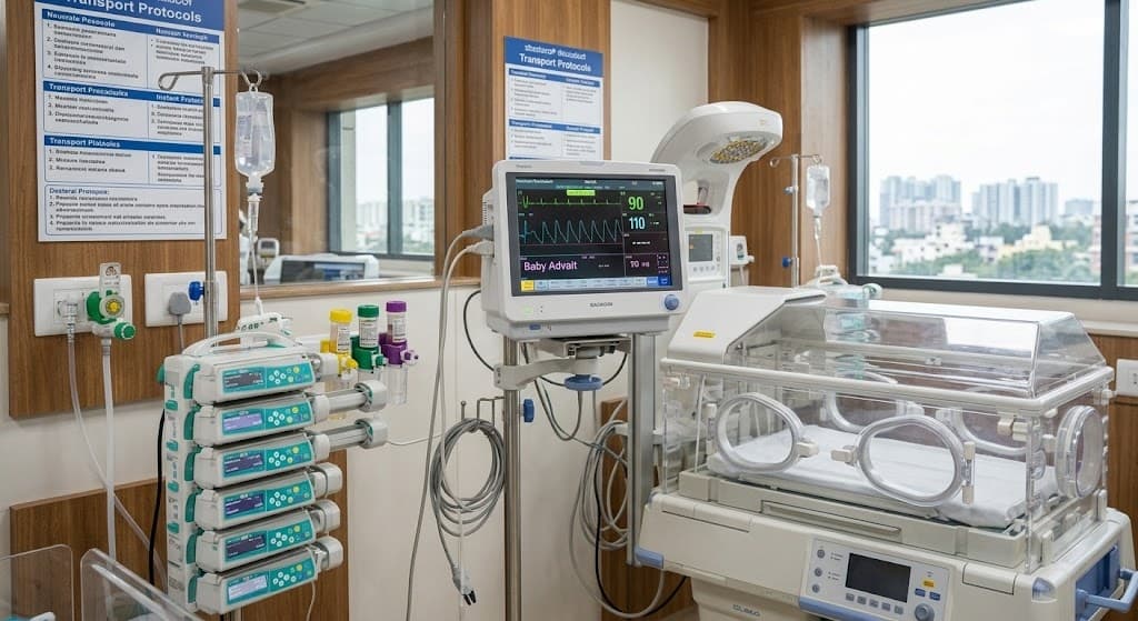 Newborn in an incubator in a neonatal unit